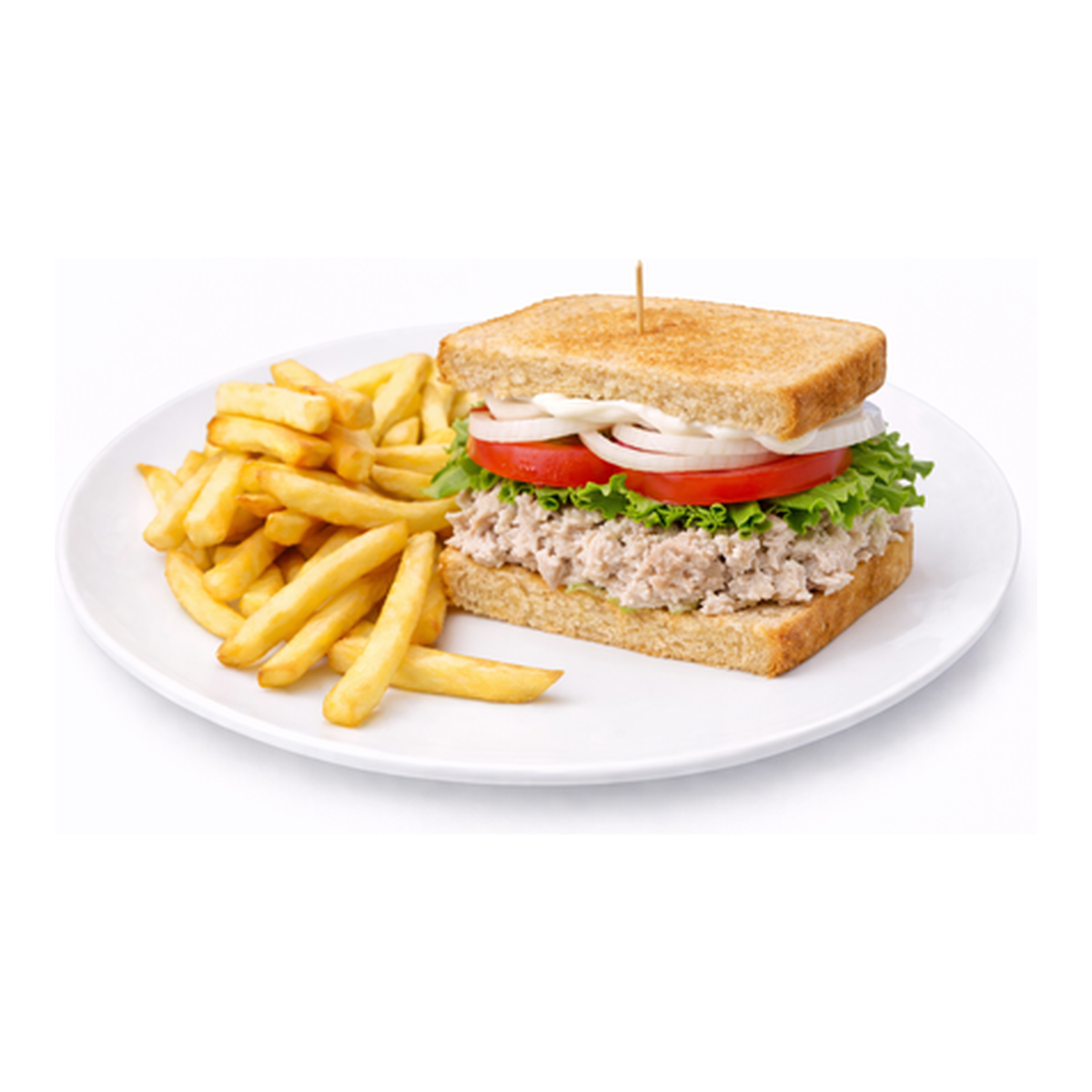 Tuna sandwich with lettuce, tomato and onion served with fries