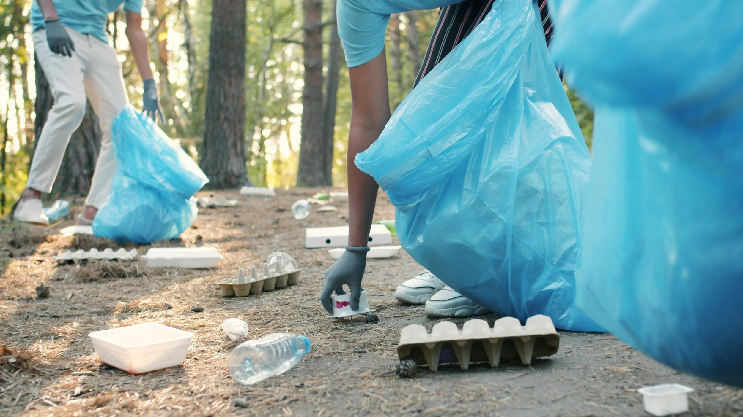 People wearing gloves picking up trash in a forest, with plastic bags, bottles, and other litter on the ground.
