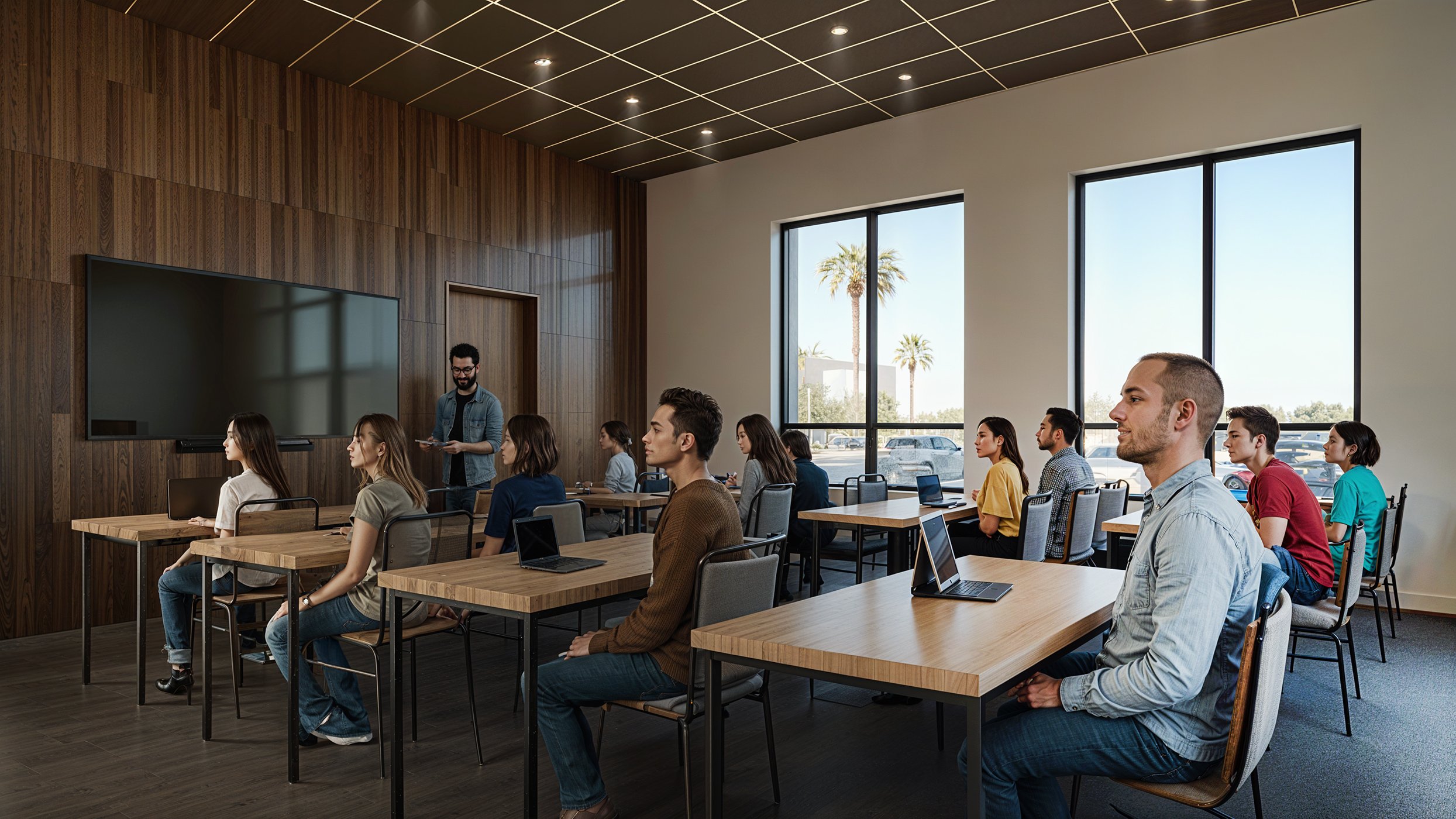 A diverse group of people sitting at desks in a classroom or meeting room with large windows showing palm trees and parked cars outside, a man standing at the front with a tablet.