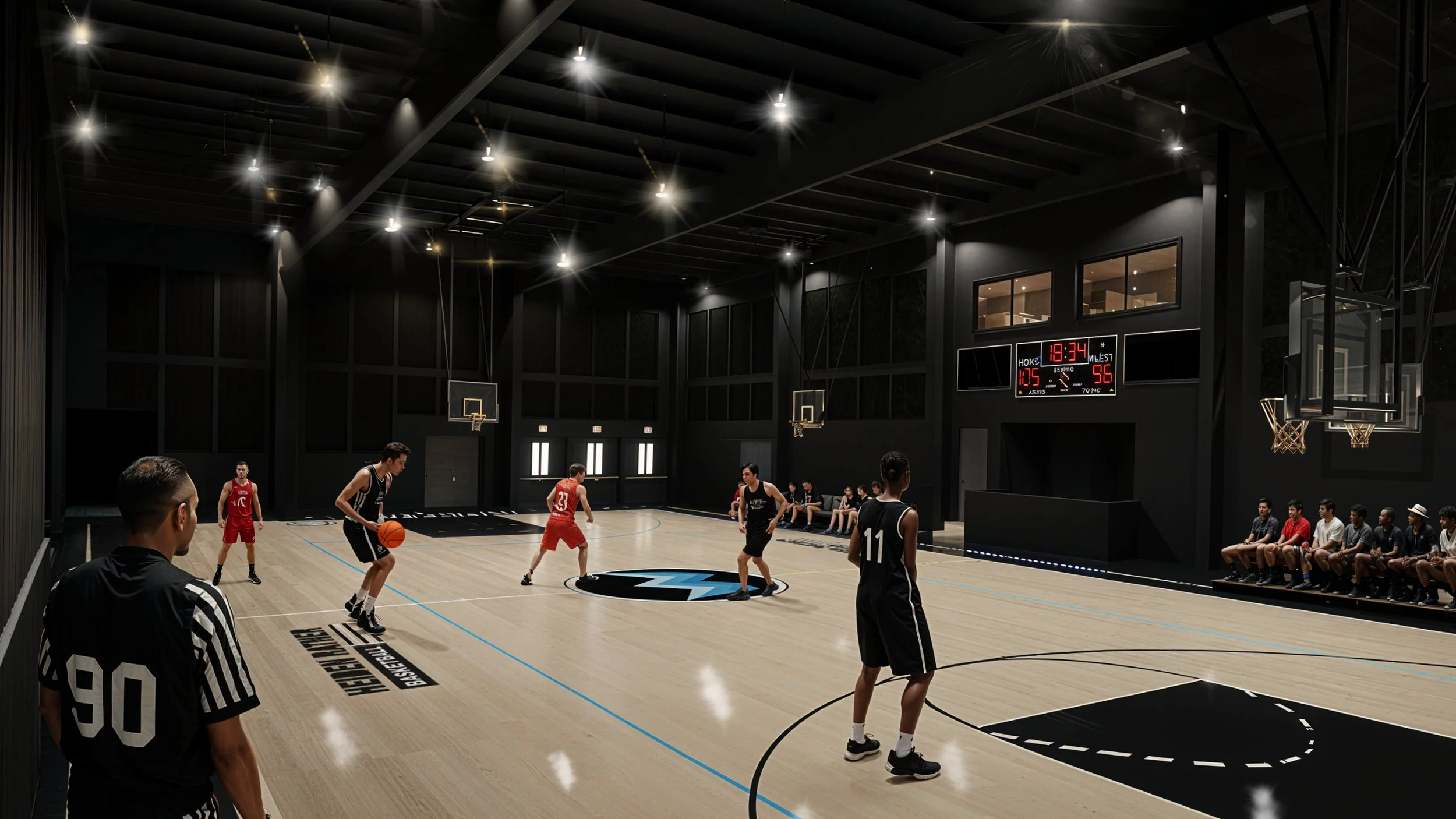 Indoor basketball game in progress with players on the court, spectators sitting along the side, and a digital scoreboard showing the score and time remaining.