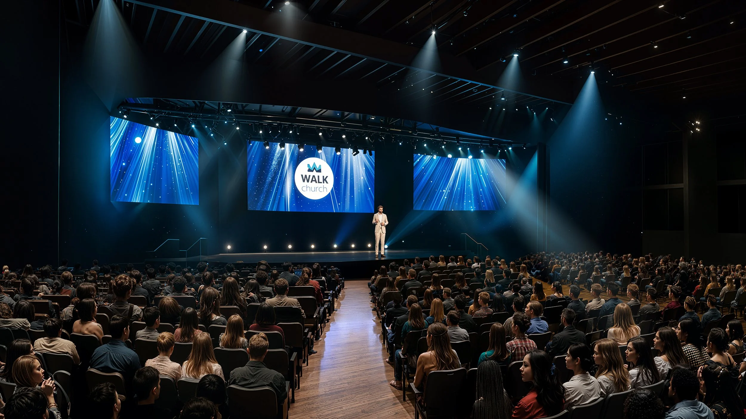 A speaker on stage at an event or conference with a large audience. The stage has multiple large screens showing the 'WALK church' logo surrounded by blue visual effects. Stage lighting illuminates the speaker and the audience.