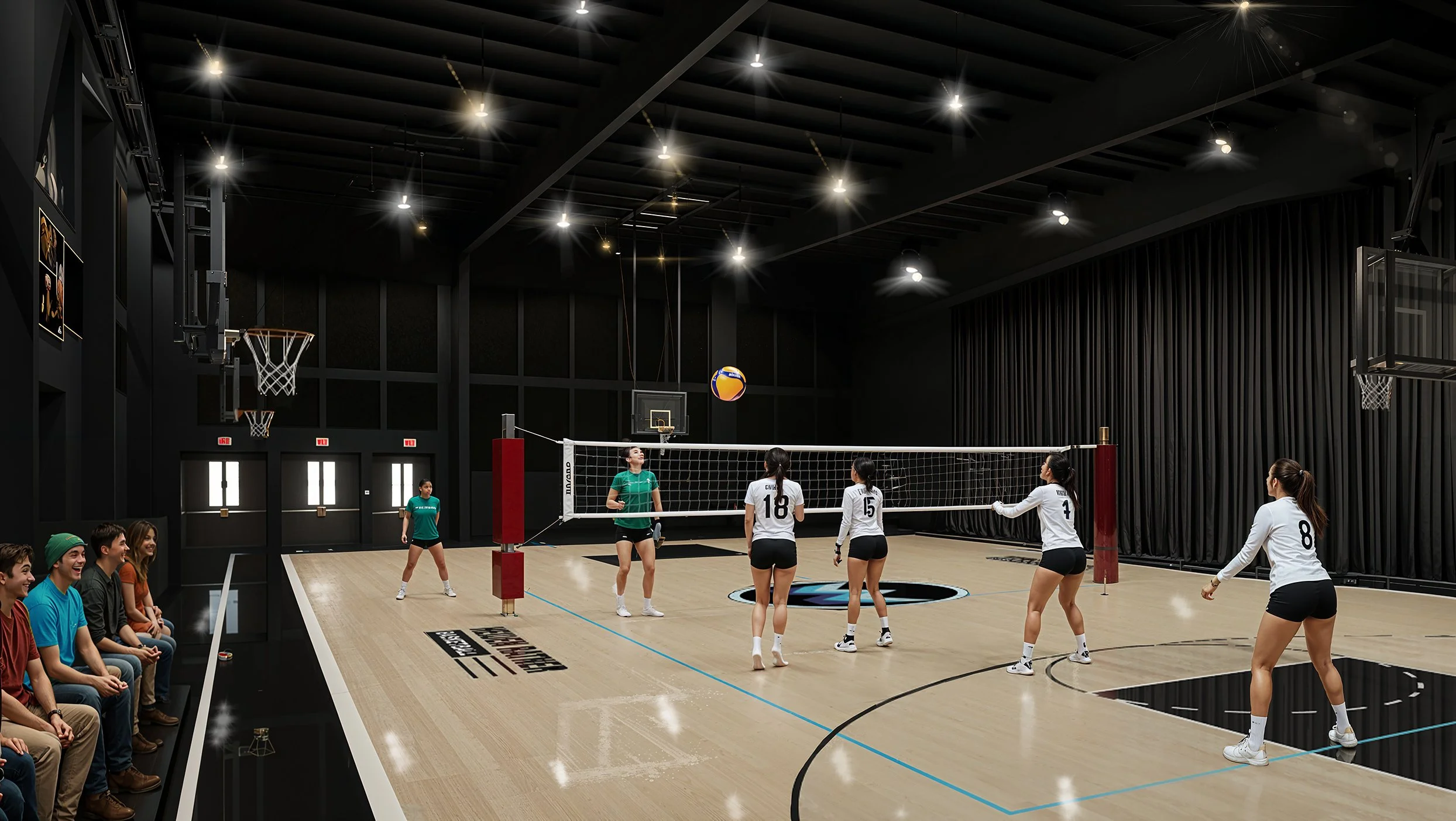 Indoor volleyball game with six players on the court, an audience watching on the side, and a volleyball suspended above the net in a modern gym.