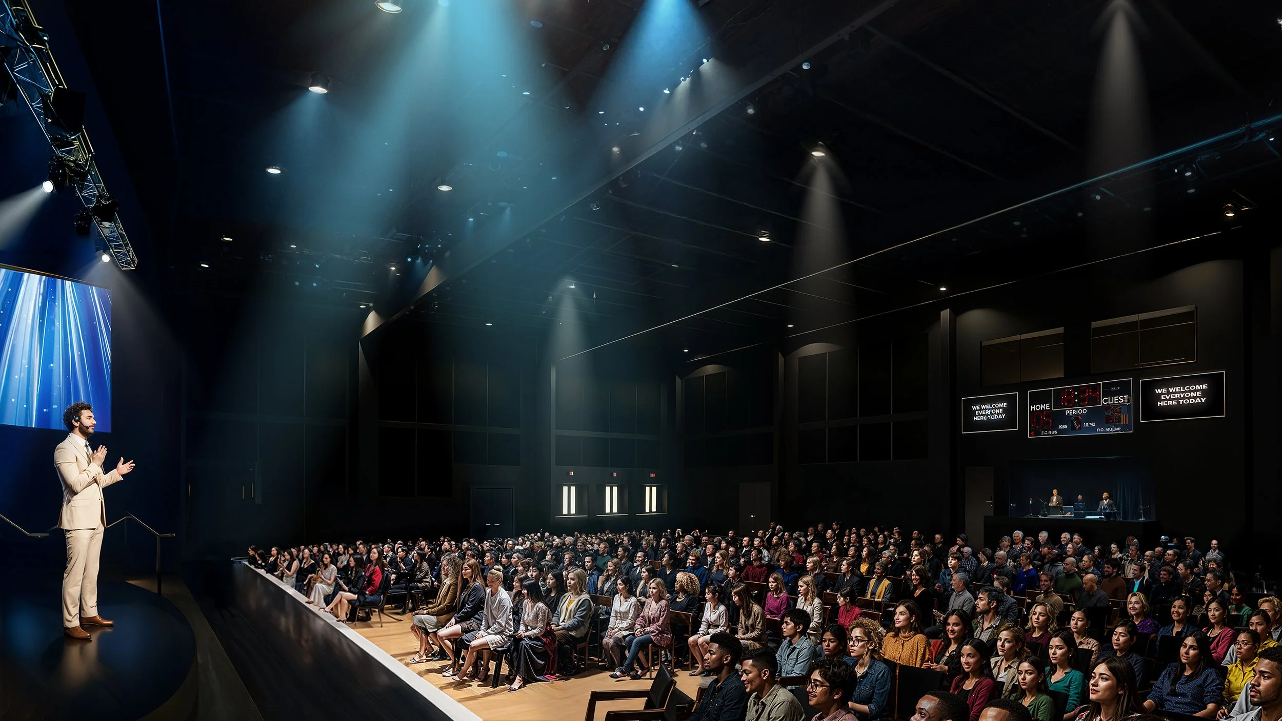 A man in a beige suit giving a speech on stage to a large audience in a dark auditorium, with TV screens displaying scores and messages in the background.