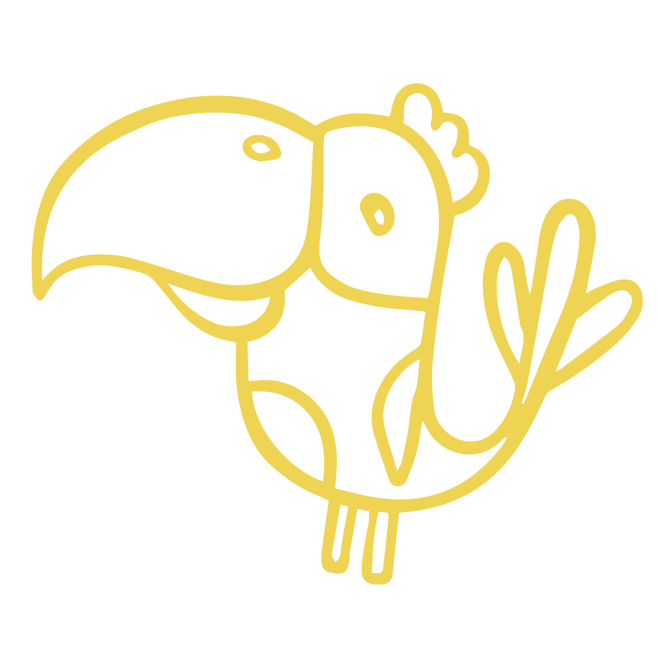 Line drawing of a colorful cartoon toucan with a large beak and standing on two legs.