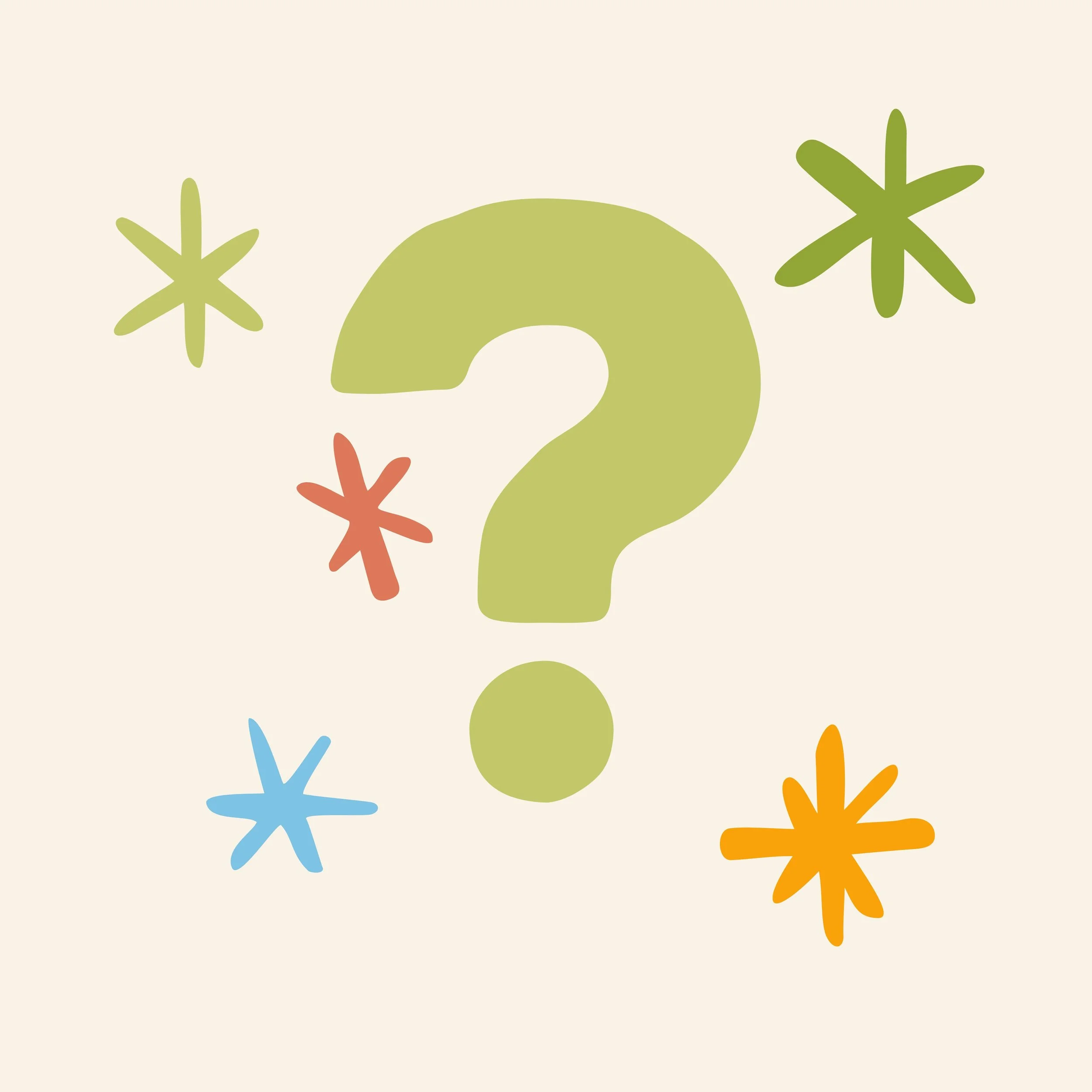 A large light green question mark surrounded by colorful stars in green, orange, red, and blue on a light beige background.