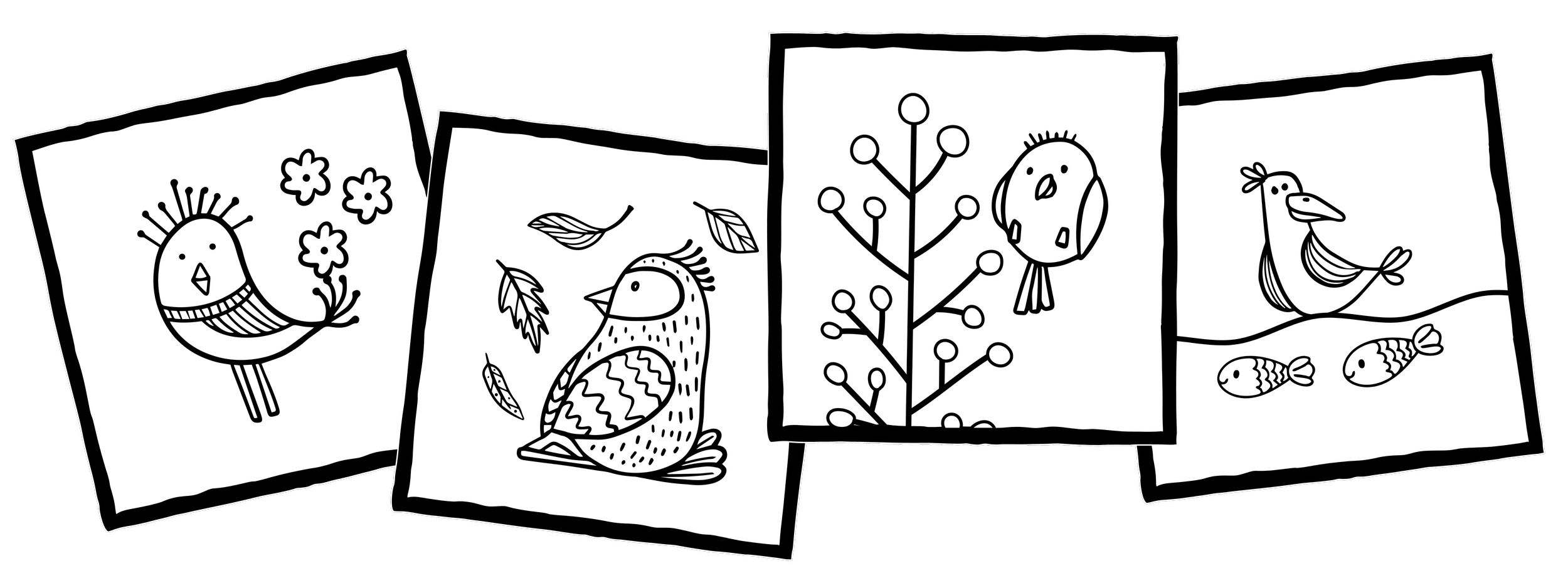 Black and white line samples of the 'Little Birders: Cutie Birds Coloring Book' that includes drawings of various birds, leaves, and fish.
