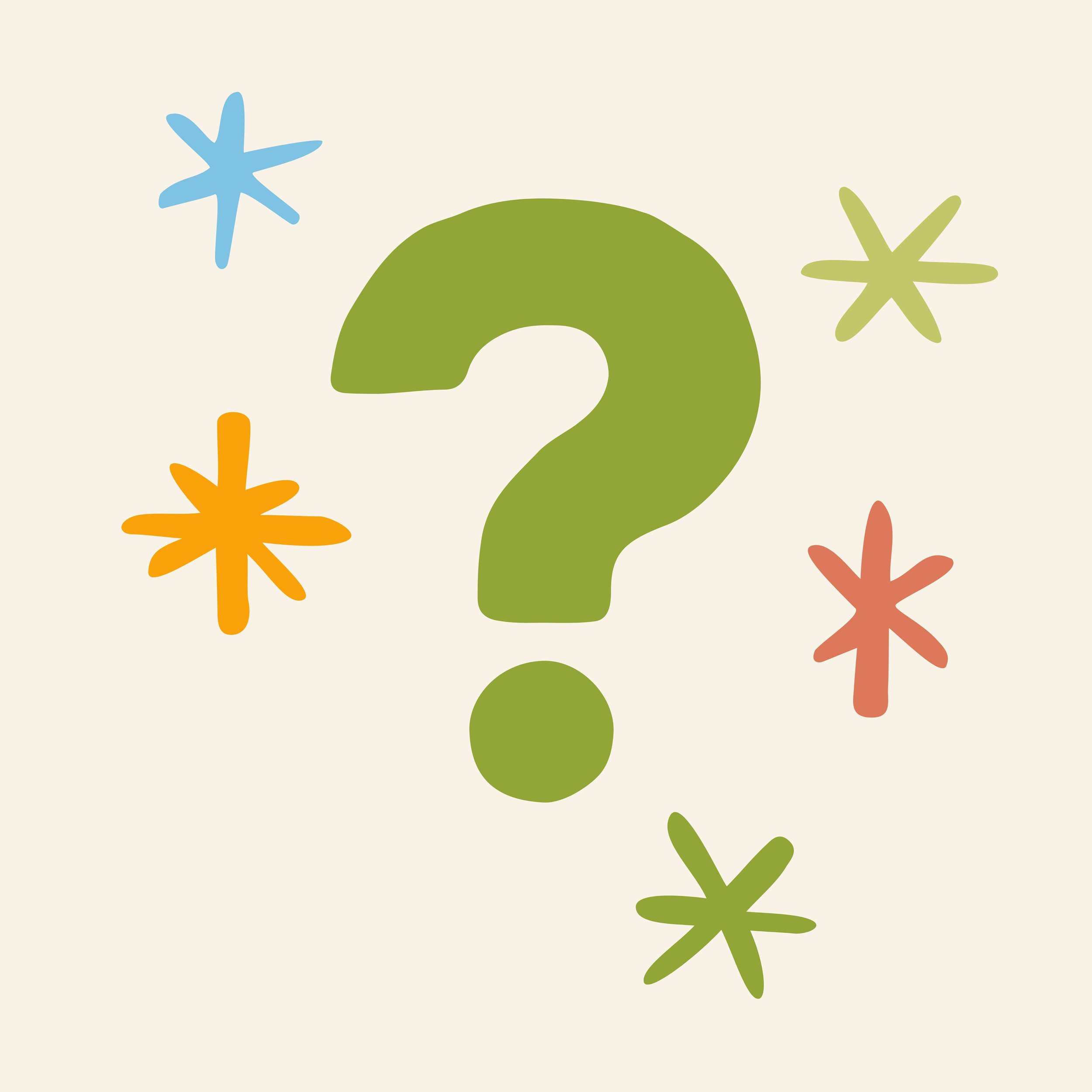 Green question mark surrounded by colorful abstract star shapes on a beige background.
