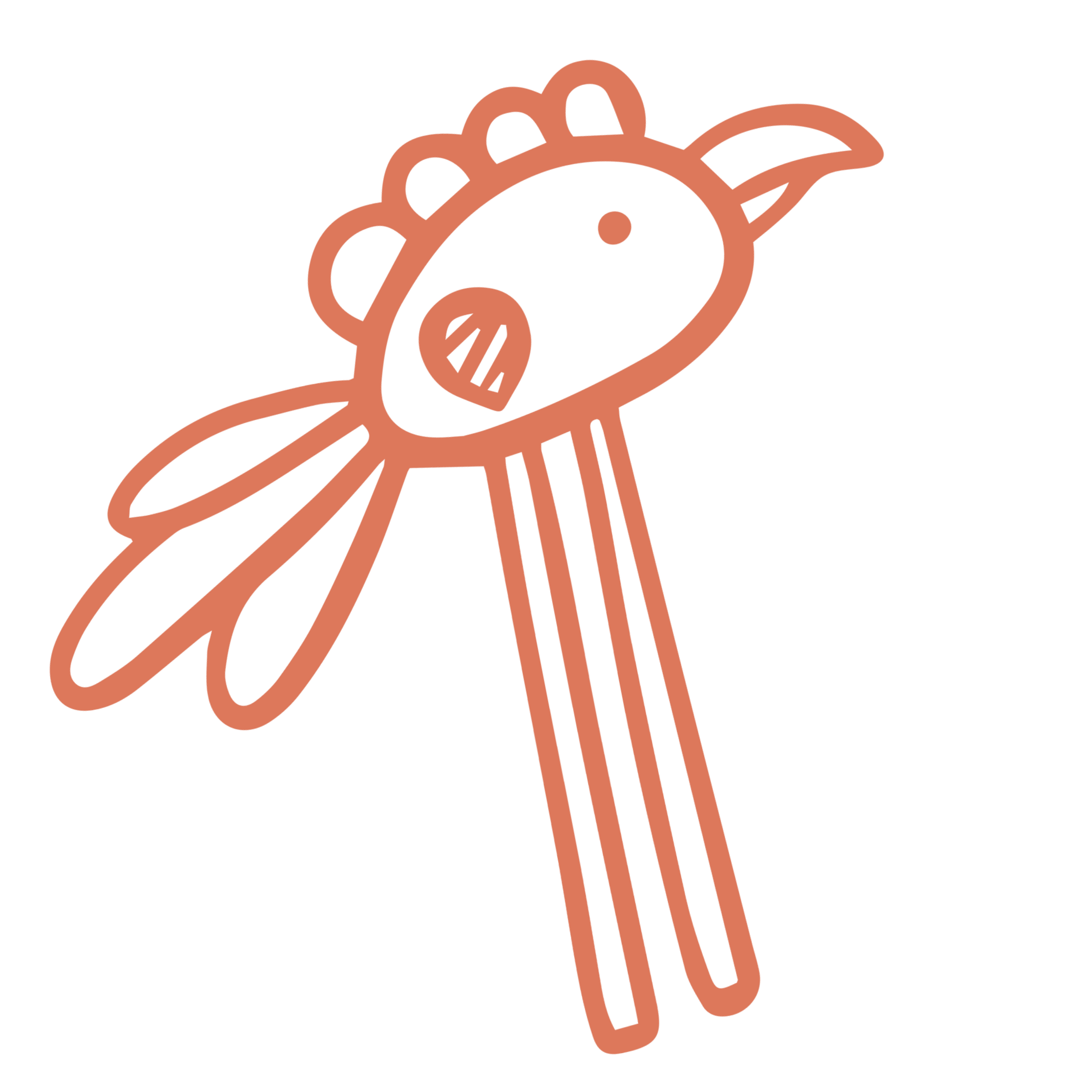 Simple line drawing of a giraffe with a crest on its head, long neck, and large ears.