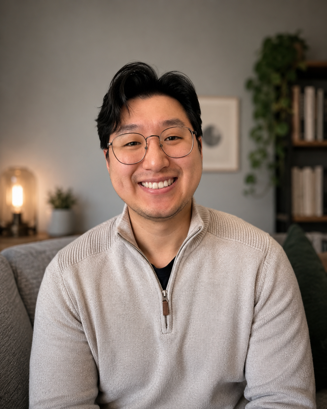 Hans Lin, smiling, looking friendly and compassionate. A psychotherapist in London, Ontario.