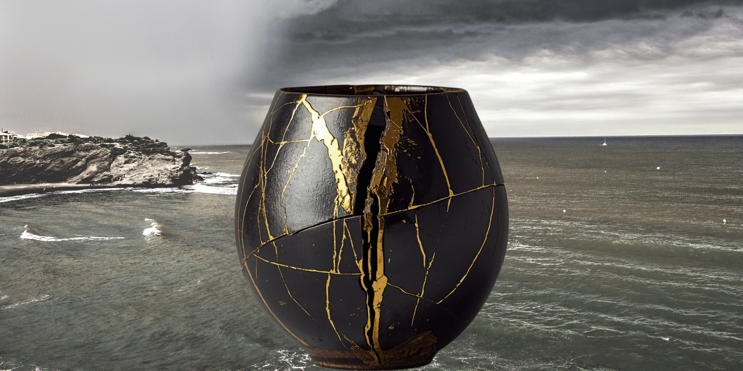 Kintsugi is the Japanese art of repairing broken pottery with gold- in front of a stormy gray sky.
