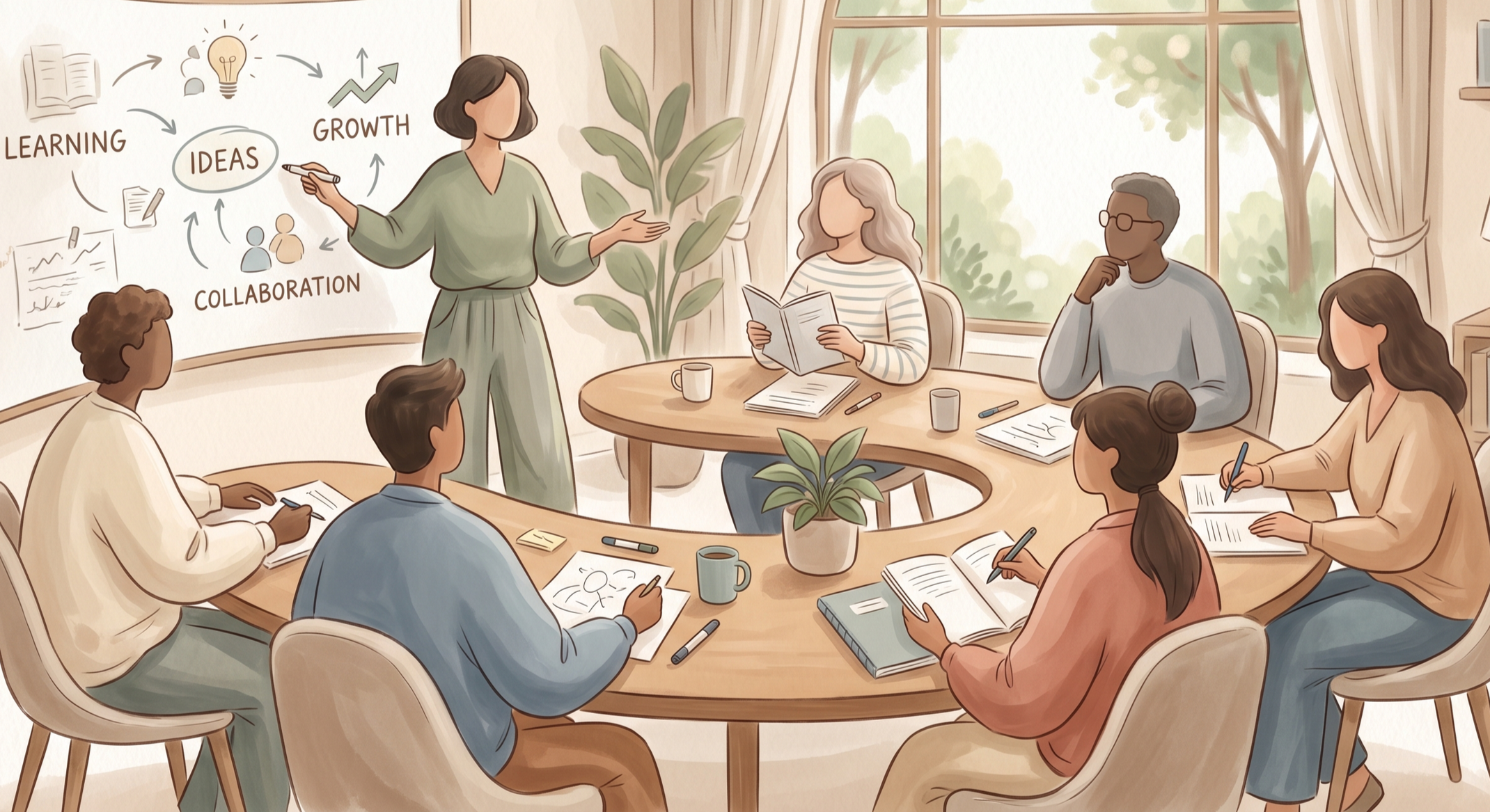drawing of a group of people sitting at a curved table watching a lecture.