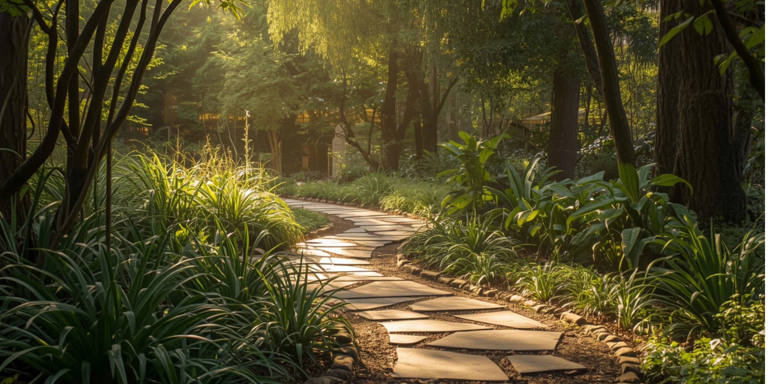 Image of dark forest with curving stone path with sunlight spilling through trees to highlight the path.