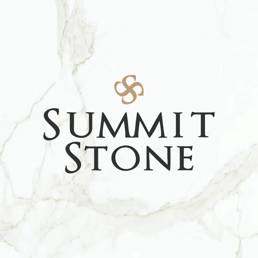 Logo for Summit Stone featuring a stylized intertwined S symbol above the text 'Summit Stone' on a white marble background.
