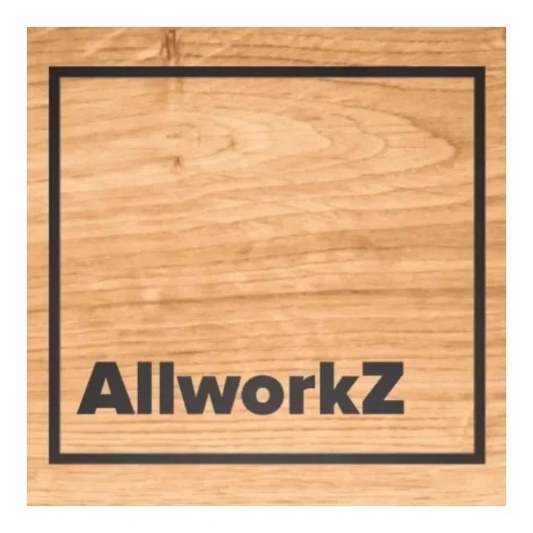 A wooden surface with the text 'AllworkZ' inside a black square border.