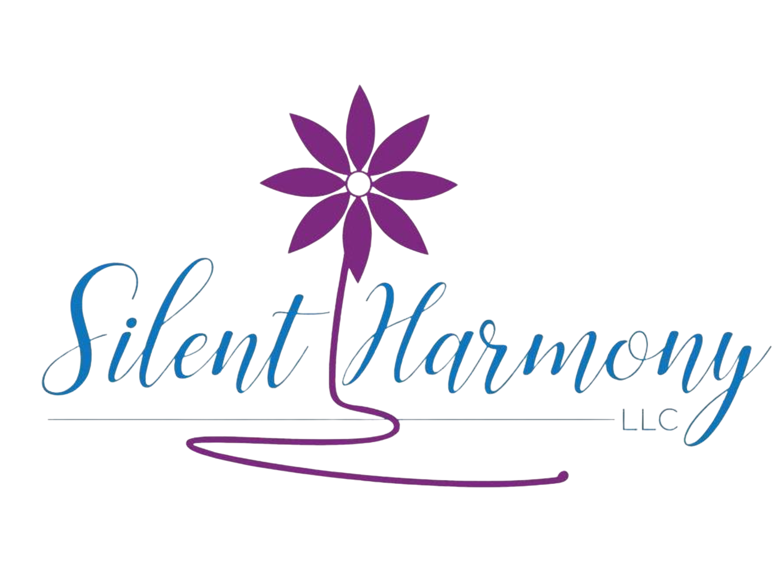 The logo for Silent Harmony features a purple flower above the text 'Silent Harmony' in blue cursive font, with a black background.