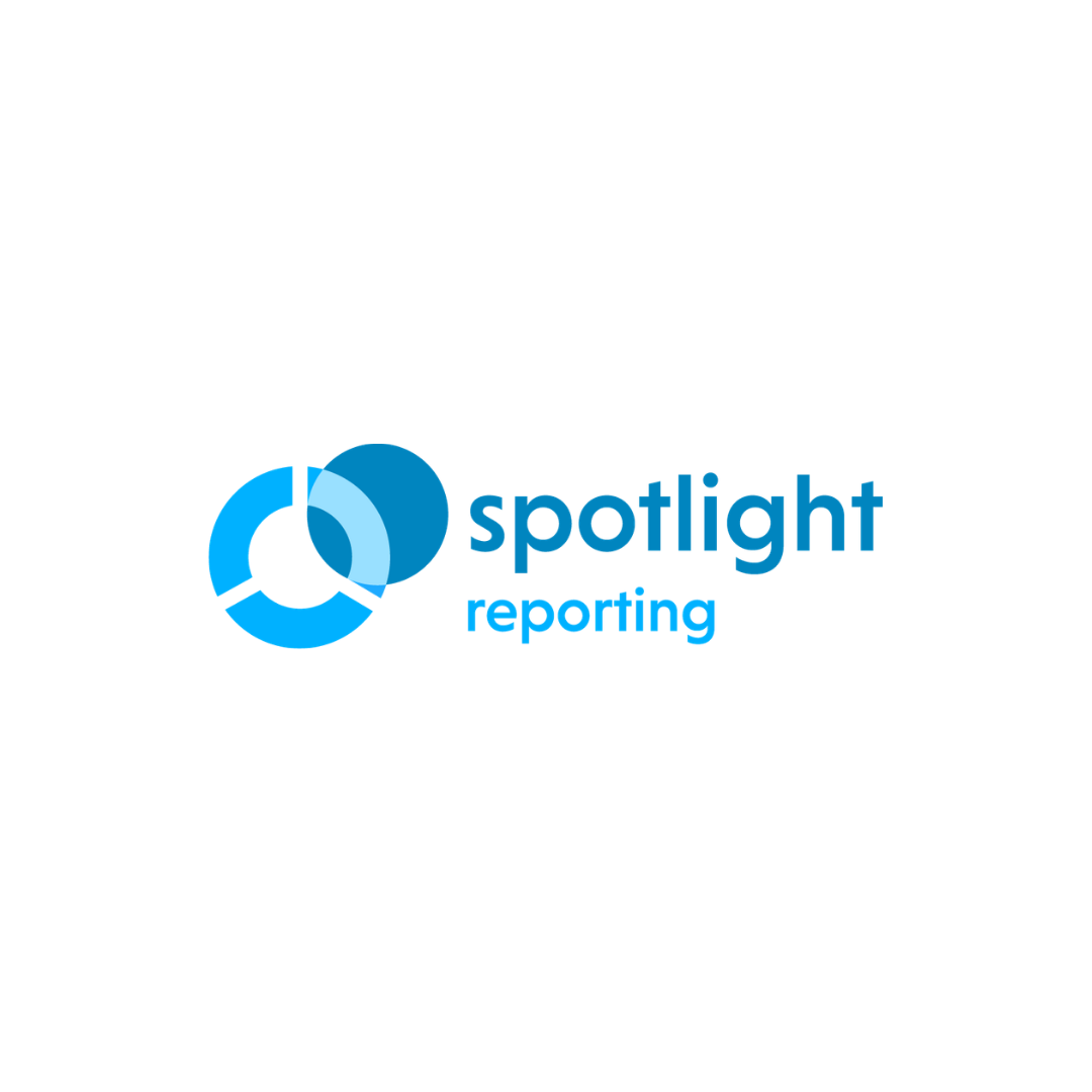 Spotlight Reporting logo with a circular graphic in shades of blue and the words "spotlight" and "reporting" in blue text.