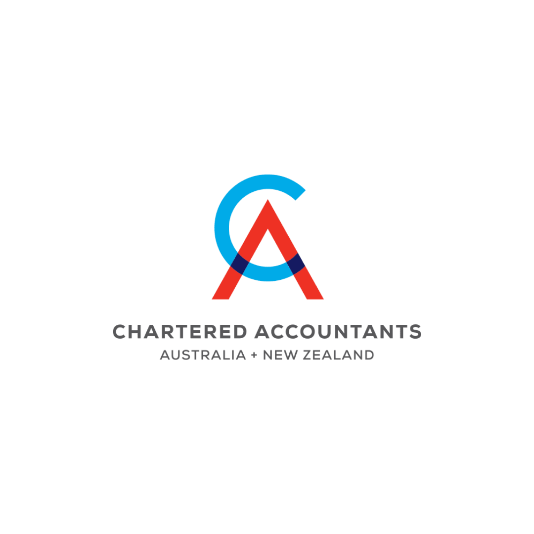 Logo of Chartered Accountants Australia + New Zealand, featuring a stylized letter 'A' in red with a blue circle around it on a black background.
