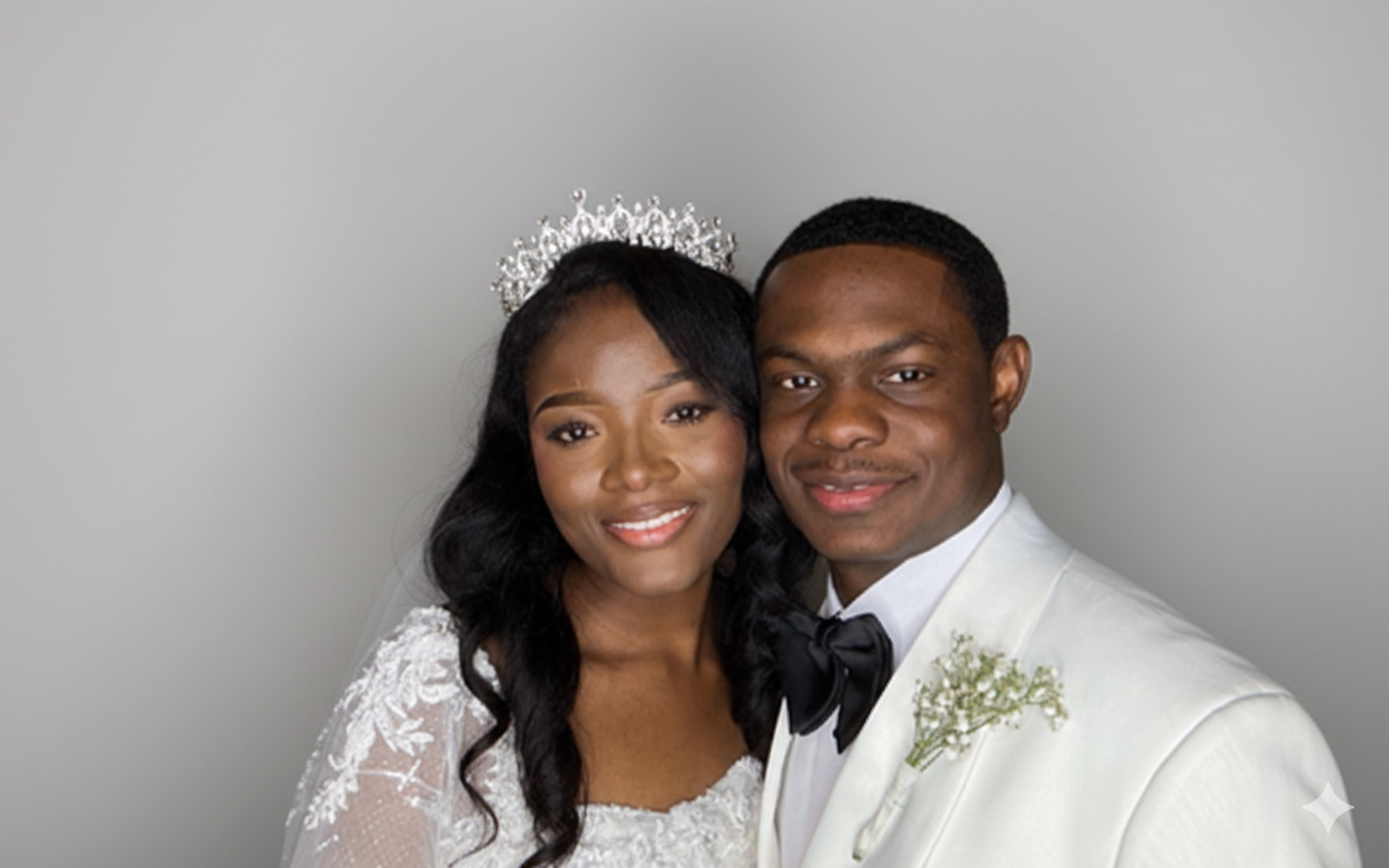 A bride and groom smiling, dressed in wedding attire, standing closely against a plain background.