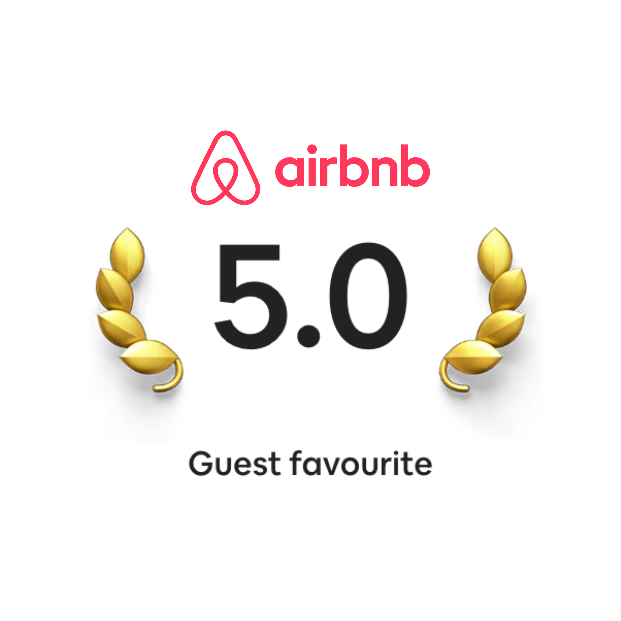 Airbnb guest rating of 5.0 with gold laurel wreaths and the text 'Guest favourite'.