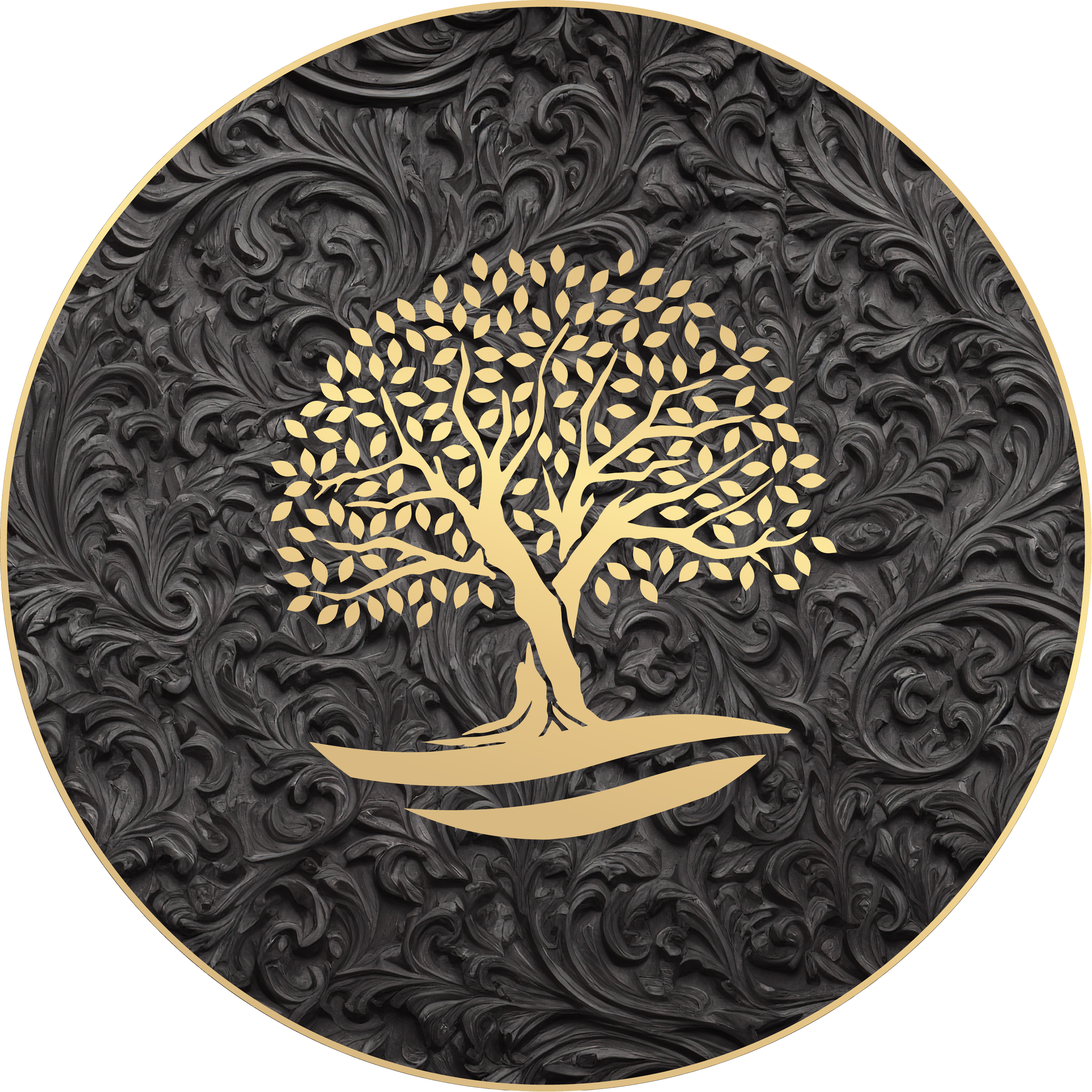 Gold-colored tree emblem with a textured black background