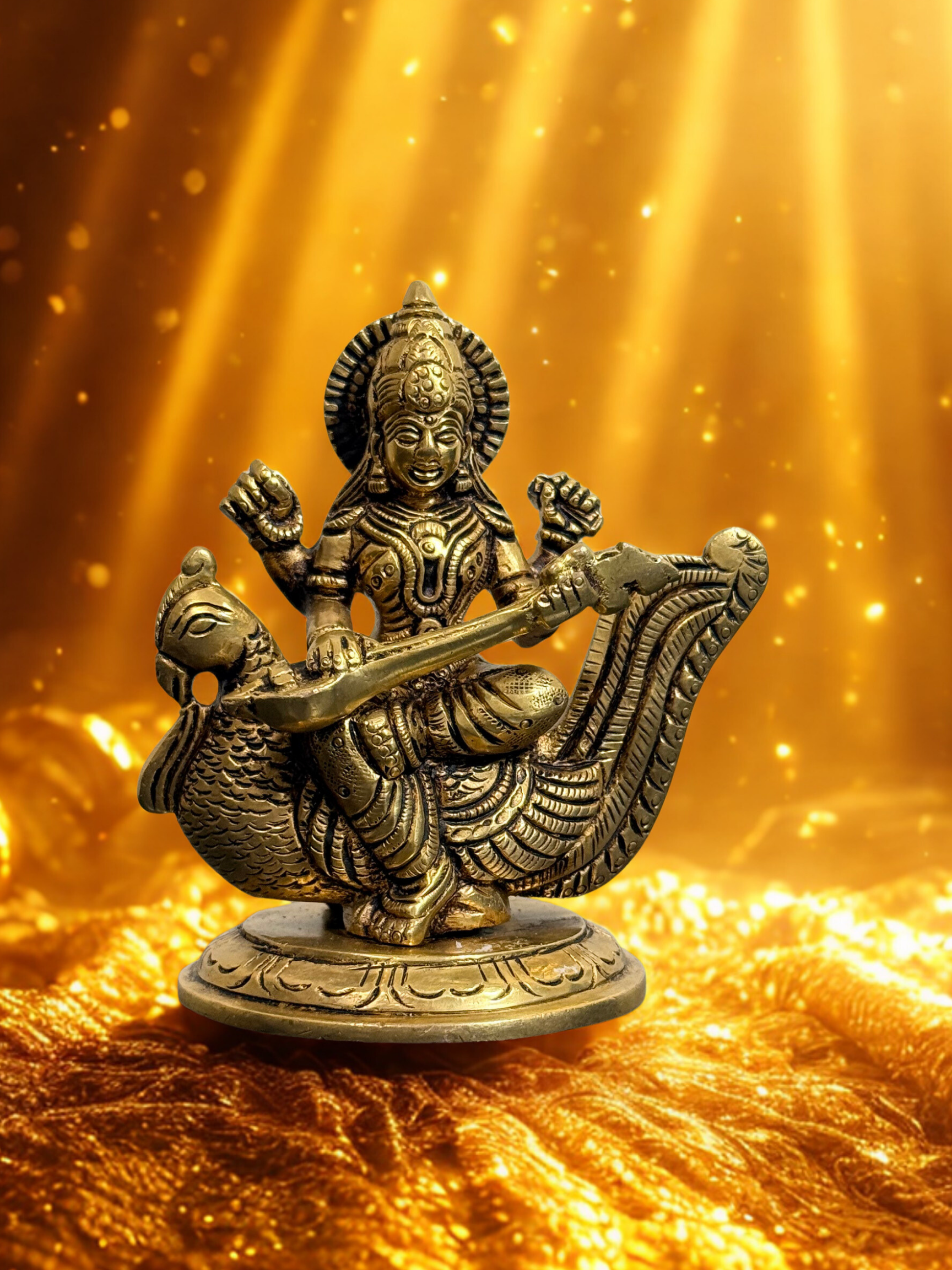 5-Inch Brass Saraswathi Idol on Swan