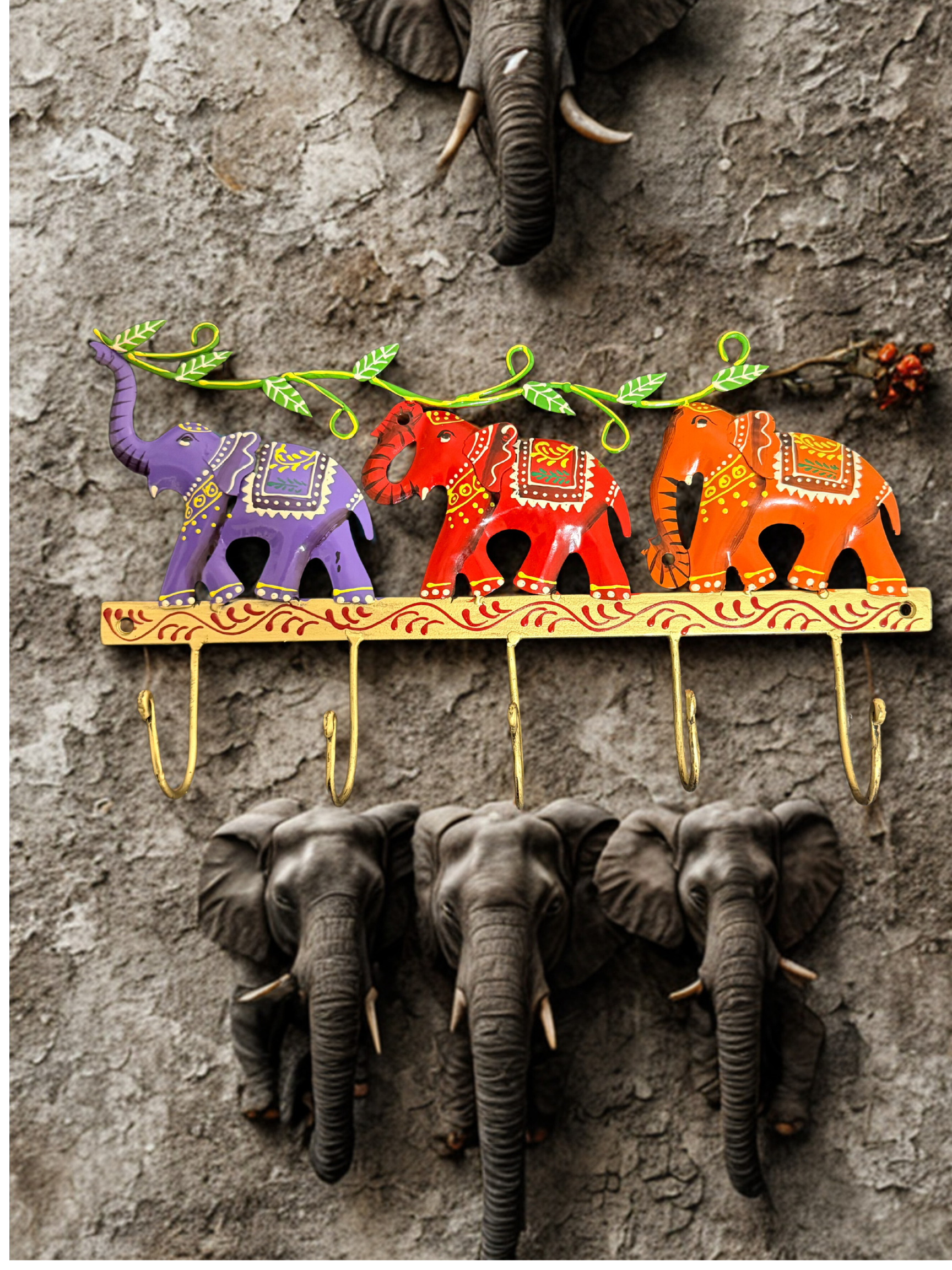 Vibrant Elephant Key Holder Wall Decor
