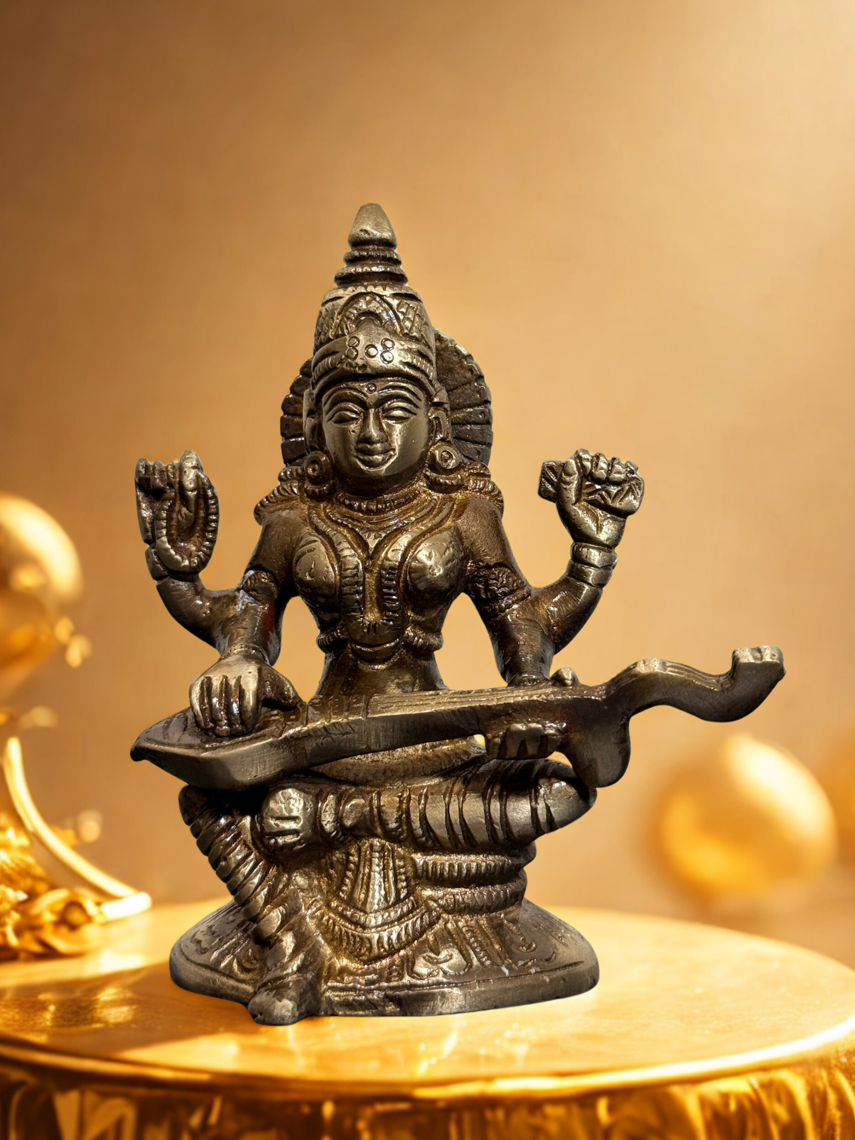 Exquisite 5-Inch Brass Saraswathi Idol