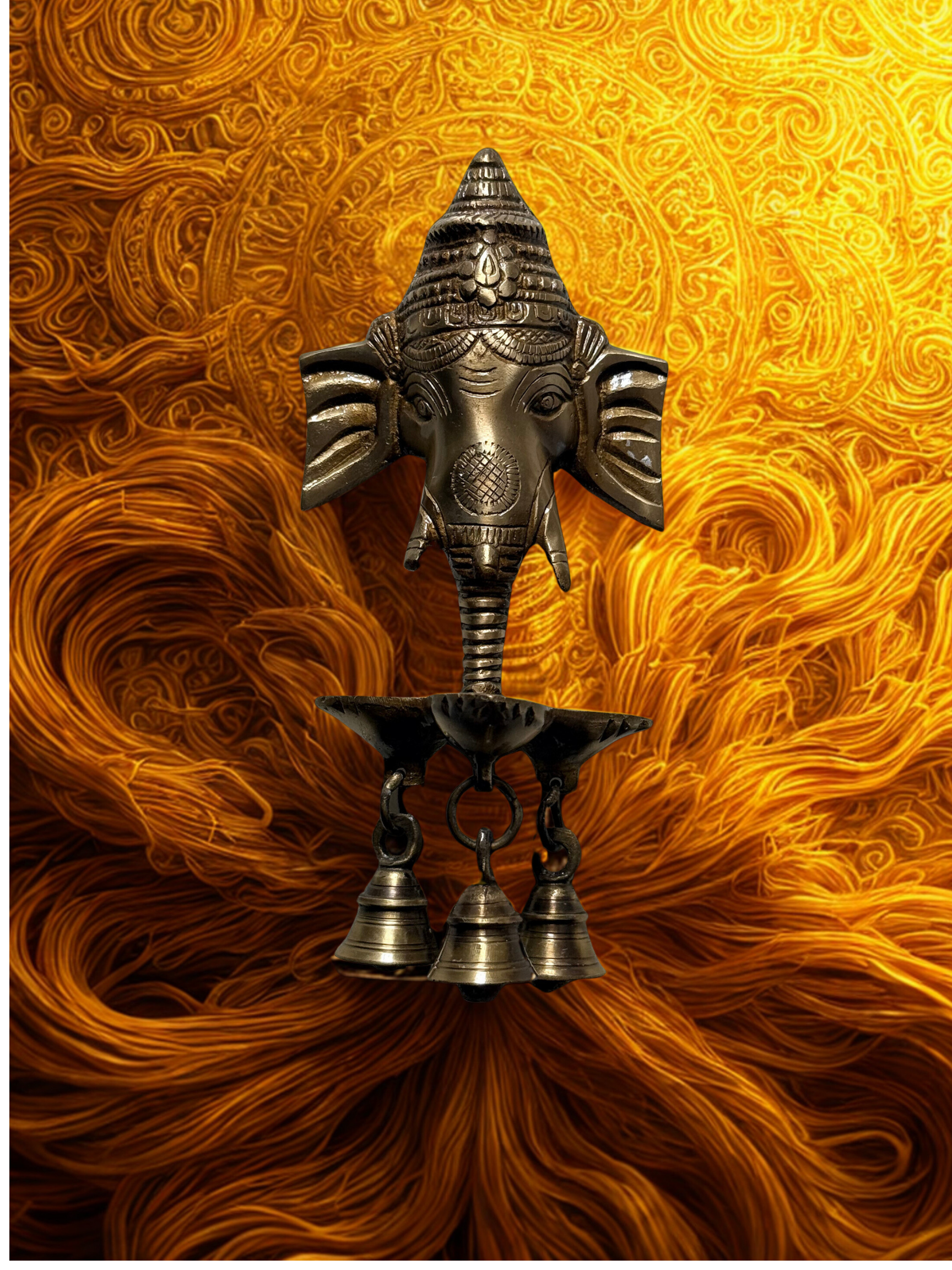 Elegant Ganesh Wall Decor with bells - 10 Inch Brass