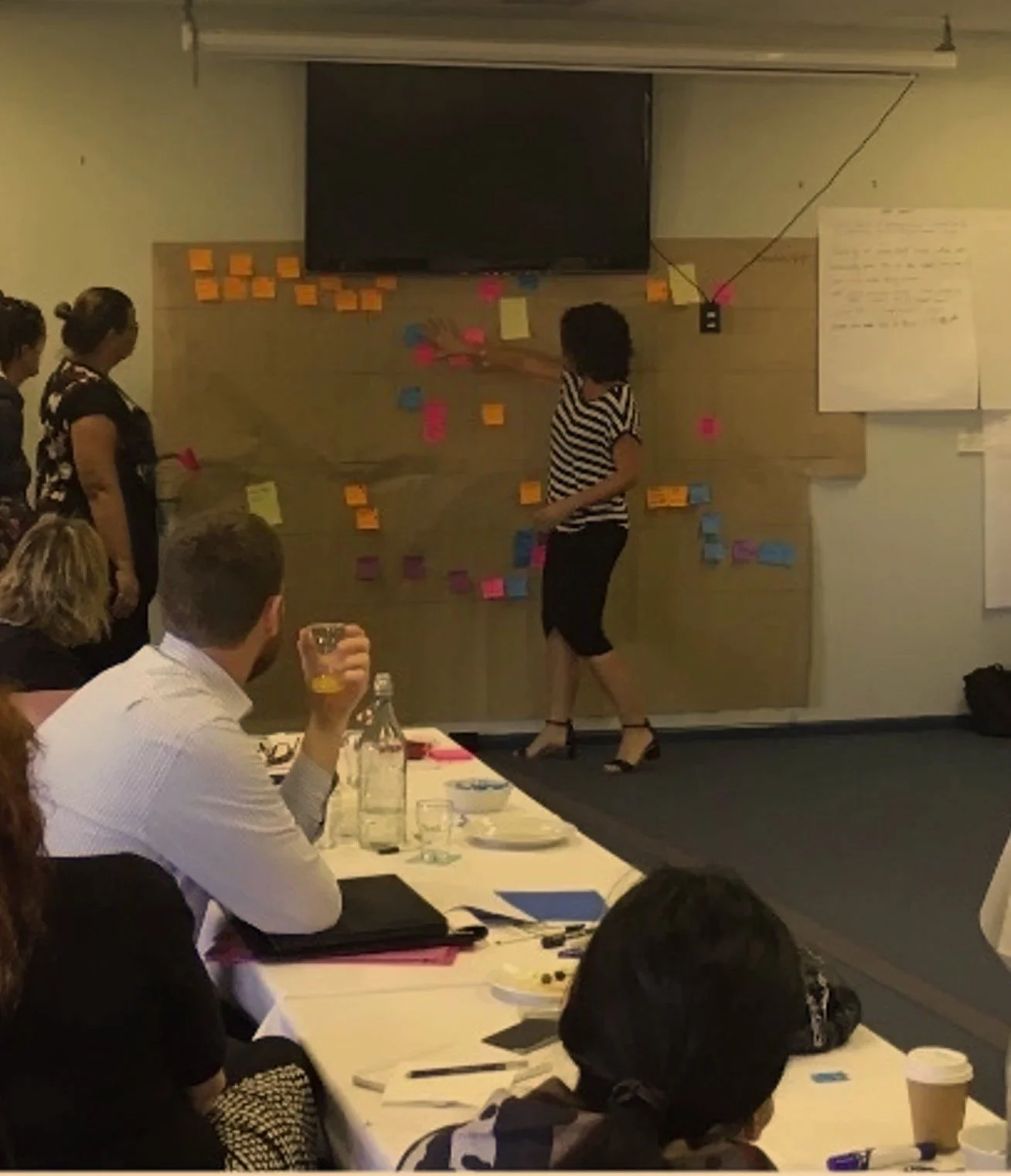 Live workshop with one participant presenting the layout of post it notes for process on wall, with others looking on.