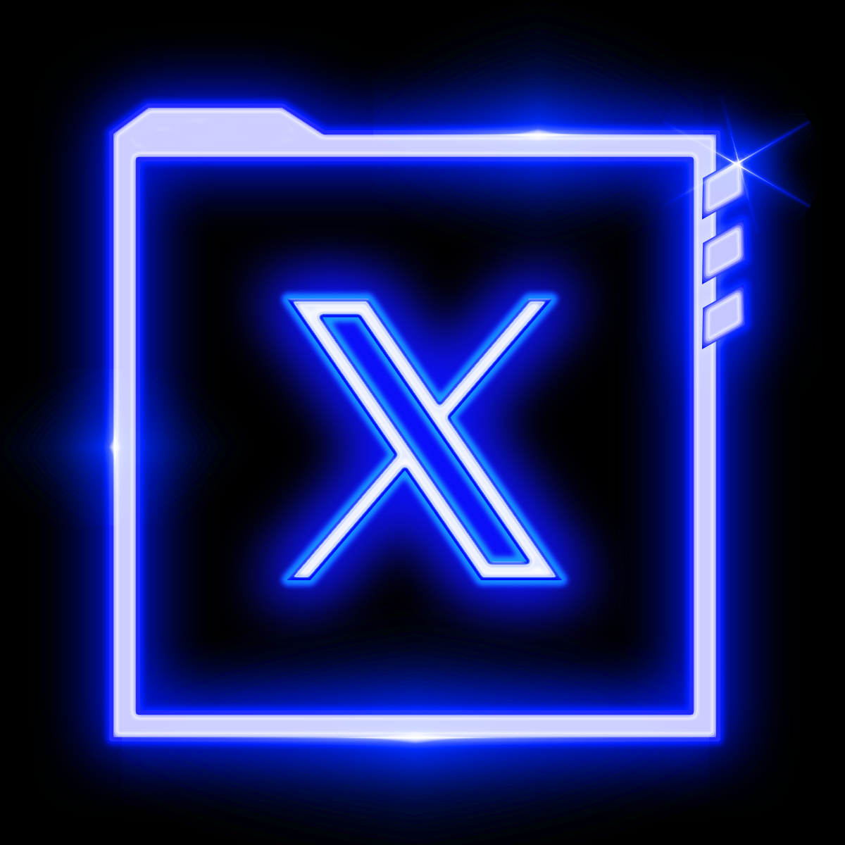 Neon blue outline of a file folder with a large "X" in the center against a black background.