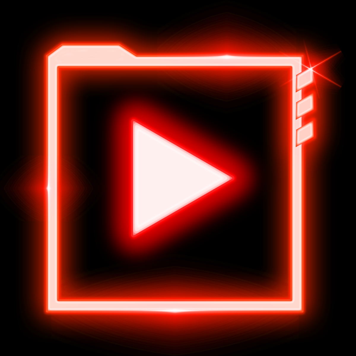 Neon-style glowing red and white modern play icon inside a square, icon shape resembles a file folder with the triangle symbol indicating 'play'.