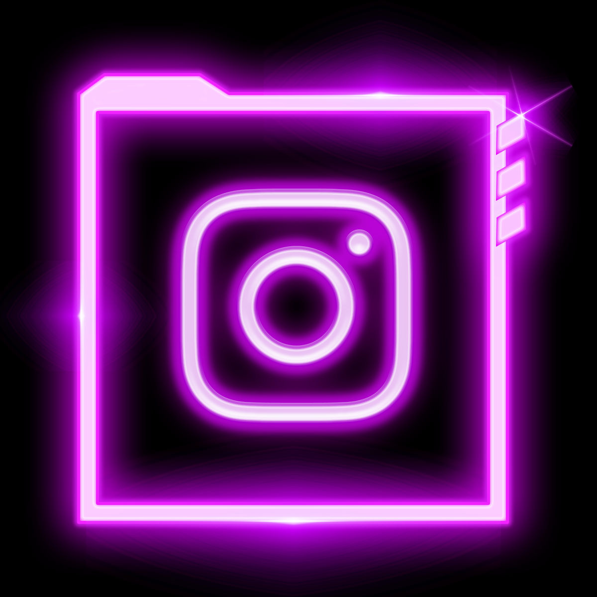 Neon purple outline of a camera icon with a smaller camera icon inside, surrounded by a square border, on a black background.