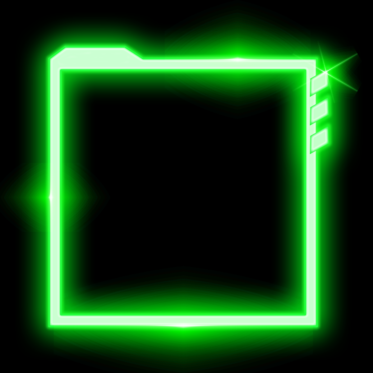 Green neon-lit square frame with glowing accents on a black background. 4
