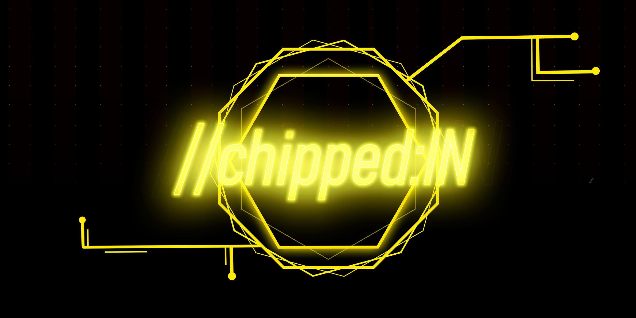 Neon yellow glowing text that reads /inchipped:IN/ over a digital circuit background with geometric lines and shapes.
