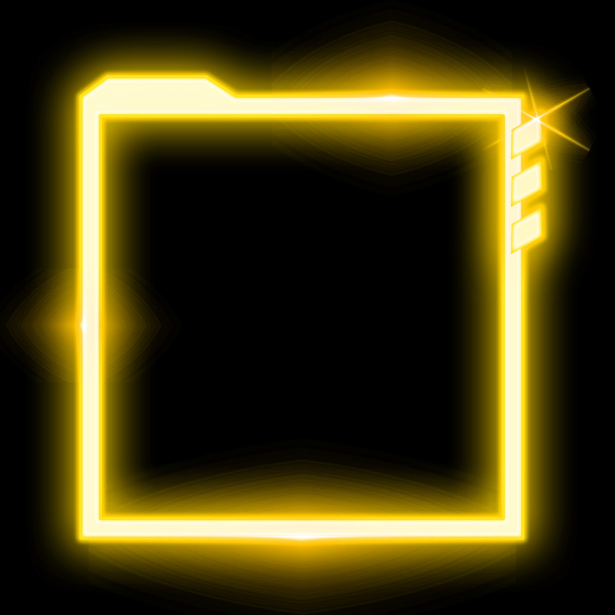 A glowing, neon yellow square frame with brightness effects on a black background.
3