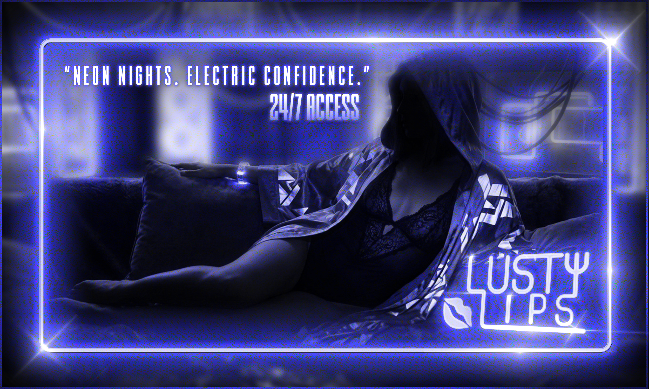 A woman with dark hair relaxing on a sofa, wearing a lace top and a silk robe, illuminated by neon signs that read 'LUSTY TIPS' and promotional text about an online service called 'Neon Nights. Electric Confidence.' with 24/7 access in a dark room with blue lighting.