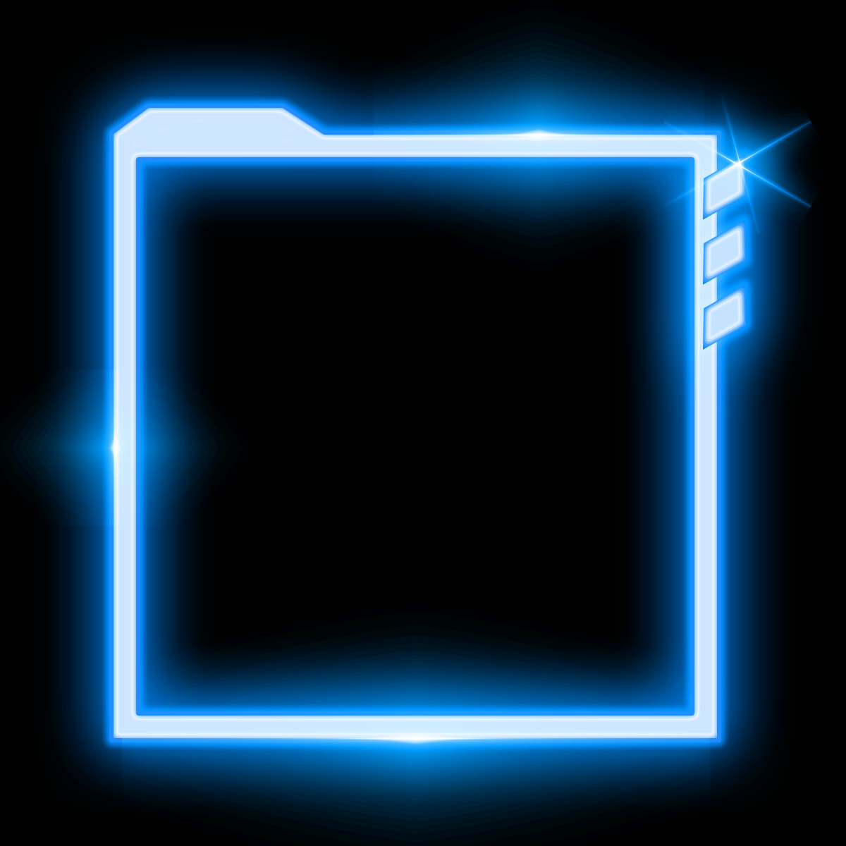 Futuristic neon blue glowing square frame on black background. 5