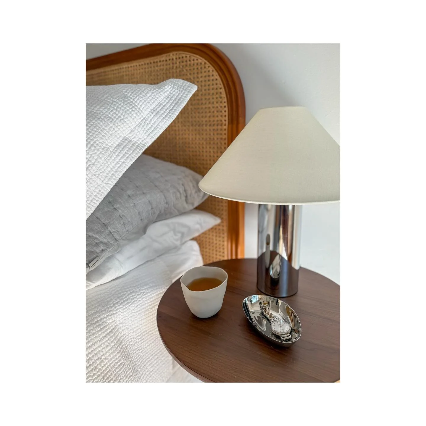 Sunday afternoon ☕️ 

@mcmullinandco Theo chrome lamp 
@caneandwoodemporium custom bedhead 

#gonzalvezdesignproject 
#interiordesign
#bedroomdesign
#afternoonsunshine 
#bedsidelamp