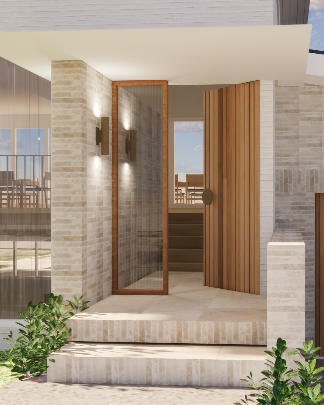 Modern house entrance with steps, large glass window, wooden door, brick and wood exterior, small plants, and a partly cloudy sky.