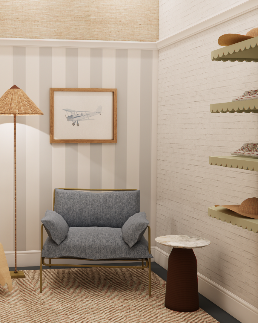 Cozy children's room with beige striped wallpaper, a framed airplane picture, a tall wicker floor lamp, a small gray loveseat with matching pillows, light green shelves with decorative items including hats and shoes, a plush teddy bear sitting on a wooden bench, a wooden elephant-shaped storage box, a marble-topped side table, and some hats hanging on hooks.