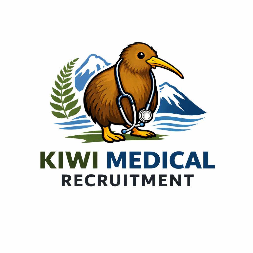 A kiwi bird with a stethoscope around its neck, standing in front of mountains and a fern, with the text 'Kiwi Medical Recruitment' below.