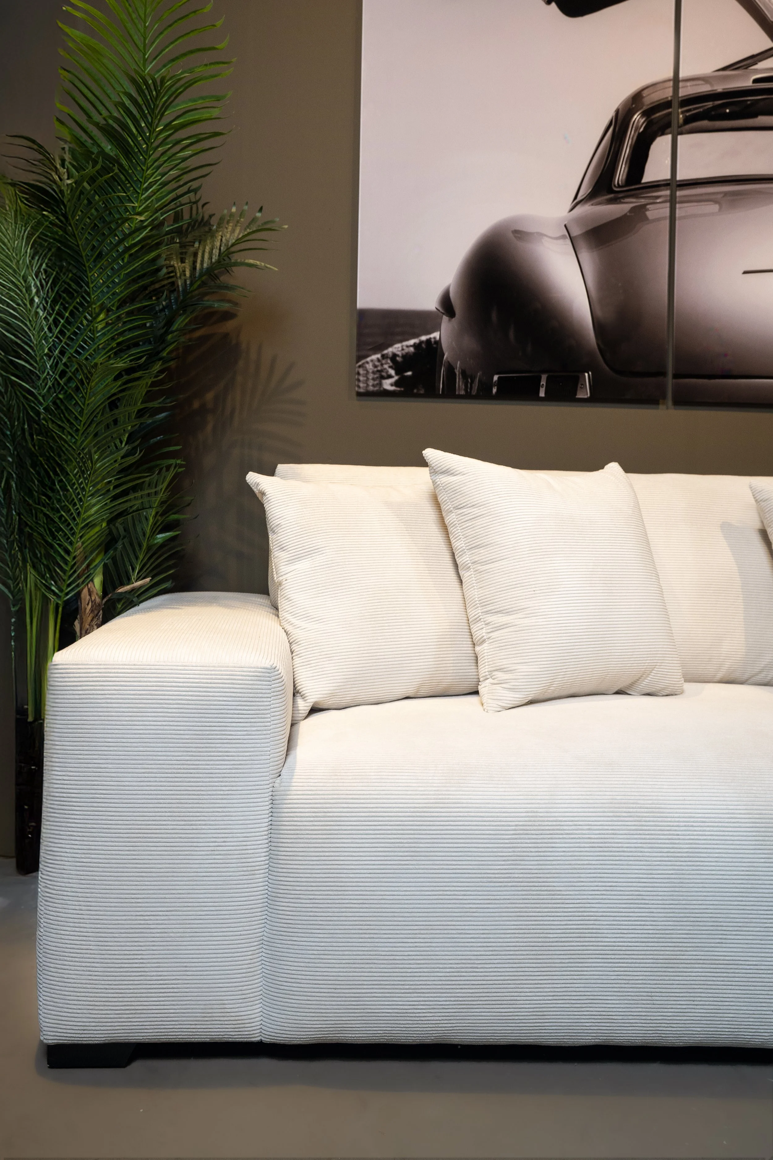 A beige upholstered sofa with three pillows, a green plant to the left, and a black-and-white picture of a classic car on the wall behind.