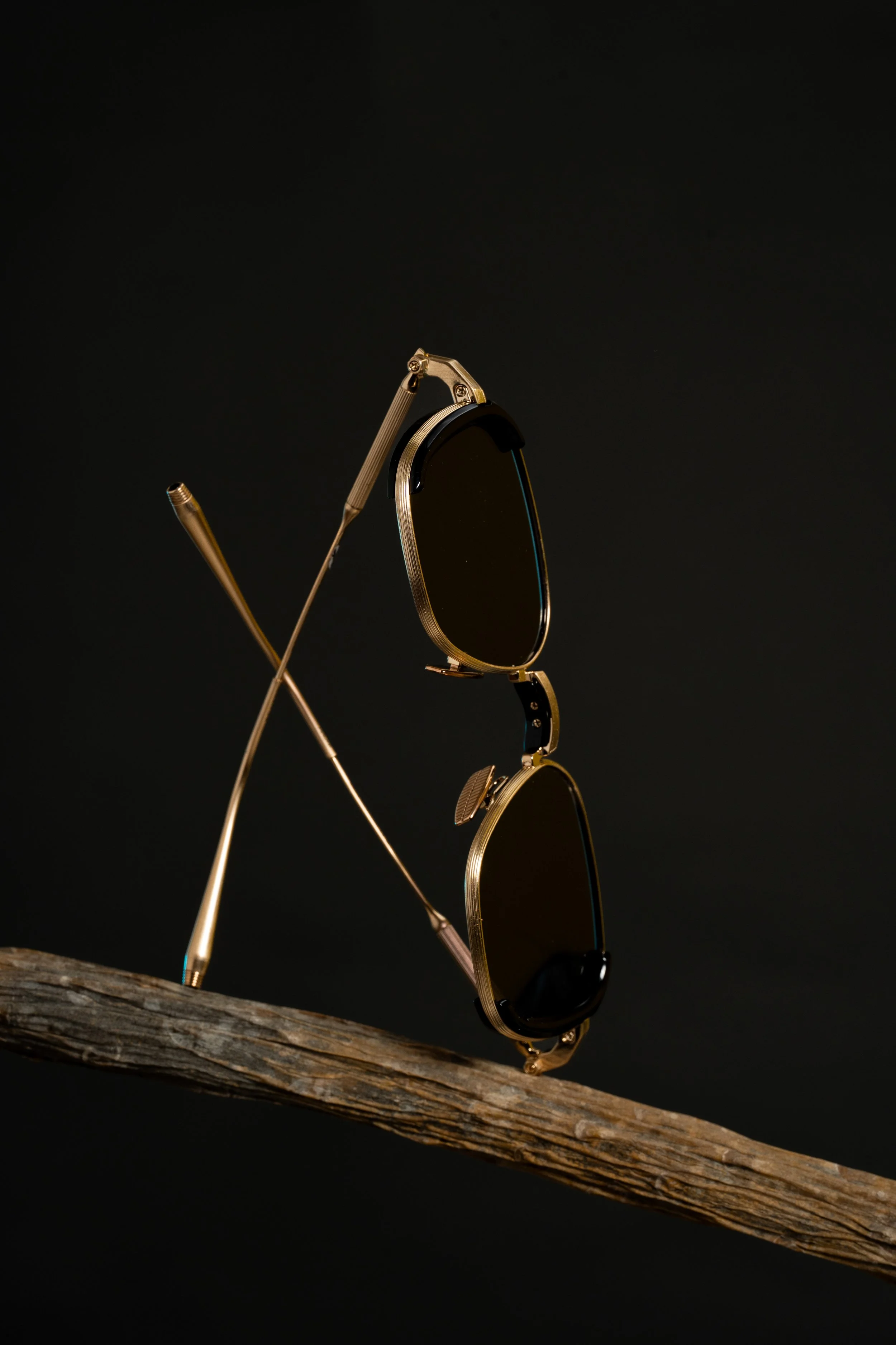 A pair of gold sunglasses with dark lenses and two crossed gold pens, balanced on a thin, weathered tree branch against a black background.