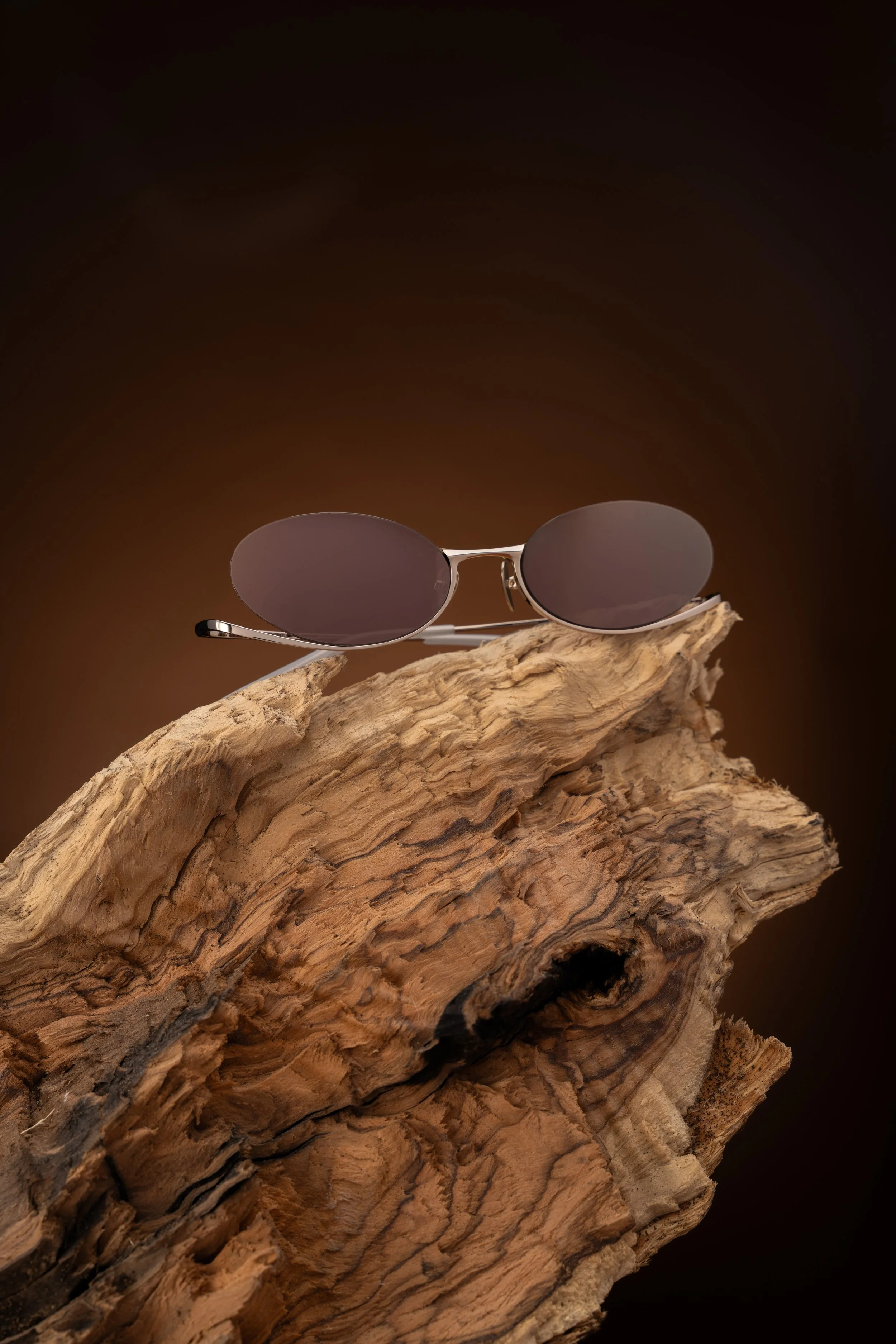 A pair of sunglasses with oval dark lenses and metal frame resting on a piece of textured driftwood against a dark background.