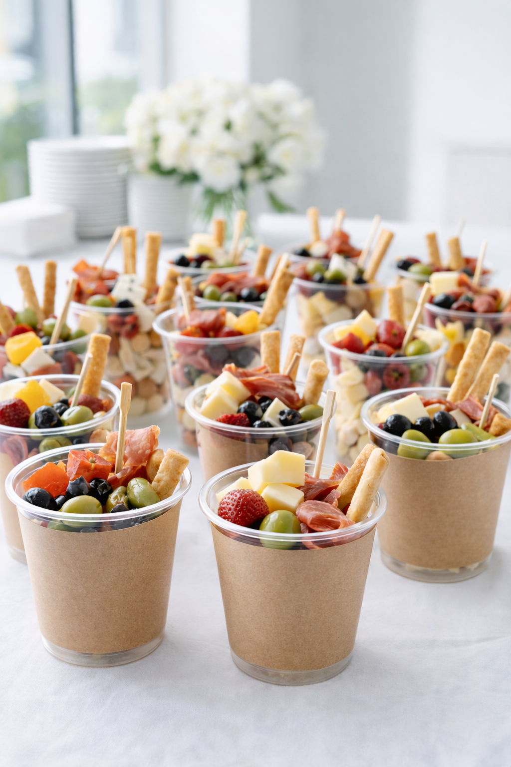 Multiple cups of fruit and cheese salad with crackers on a white table, with a bouquet of white flowers and stacked white plates in the background.