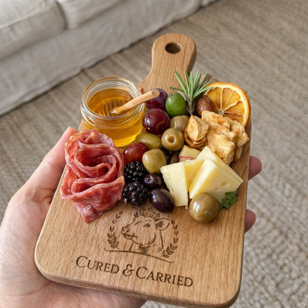 A wooden charcuterie board with honey, cured meats, various cheeses, grapes, blackberries, olives, dried orange slices, nuts, and a sprig of rosemary.