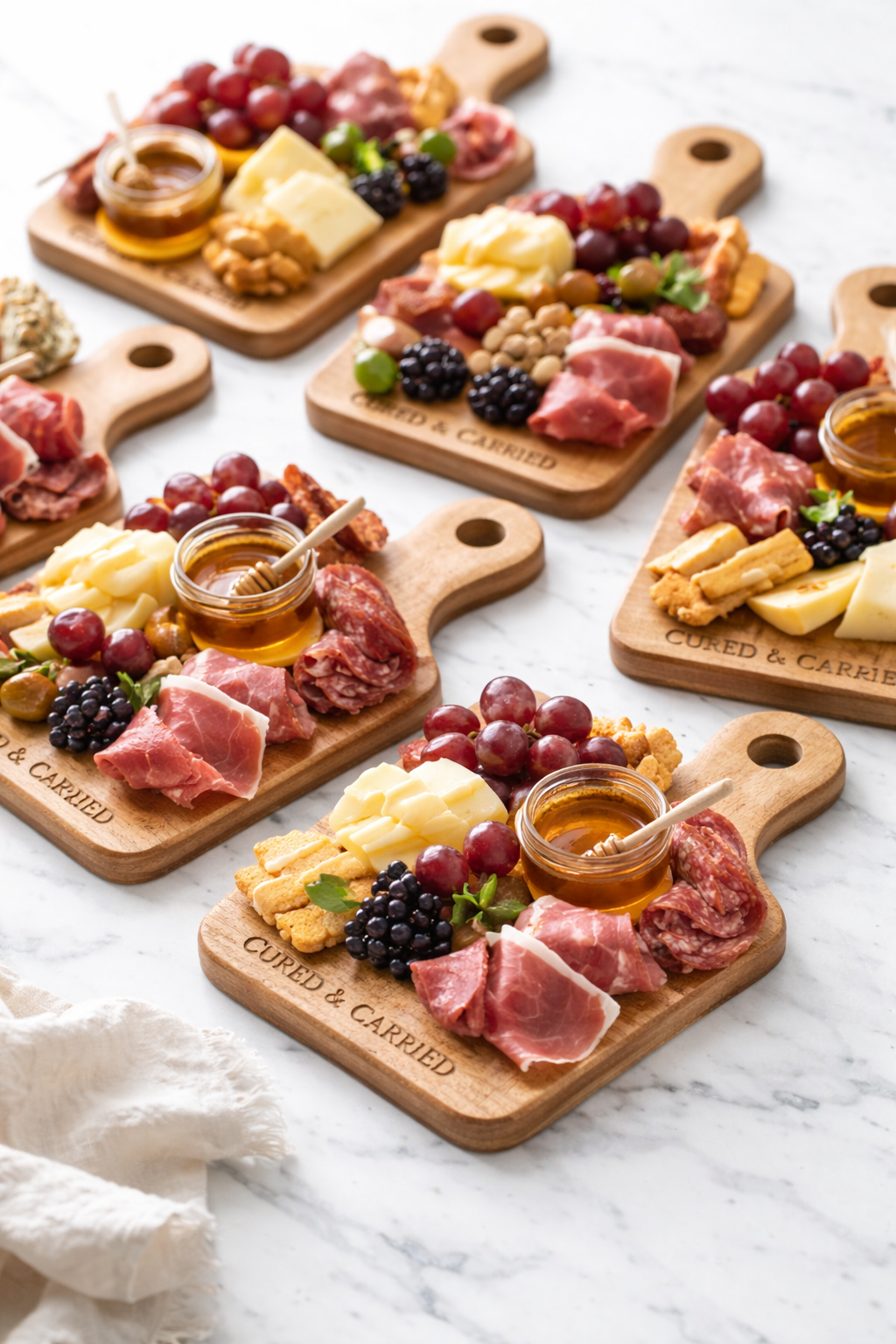 Multiple charcuterie boards with cheese, grapes, honey, meats, and crackers on a marble table.