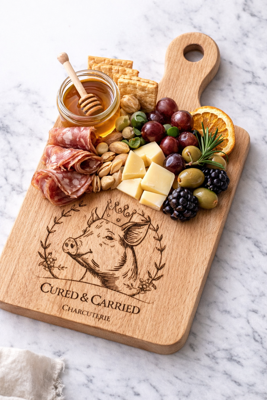 Wooden charcuterie board with various cheeses, grapes, olives, crackers, honey, and dried orange slices on a marble surface.