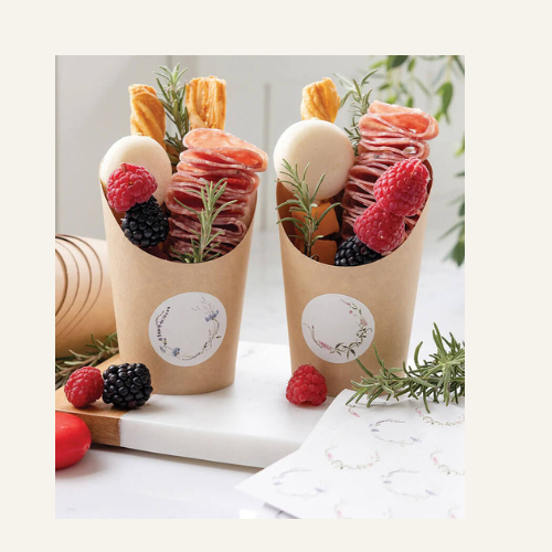 Cup, fruit, cheese, meat, bread stick, garnish