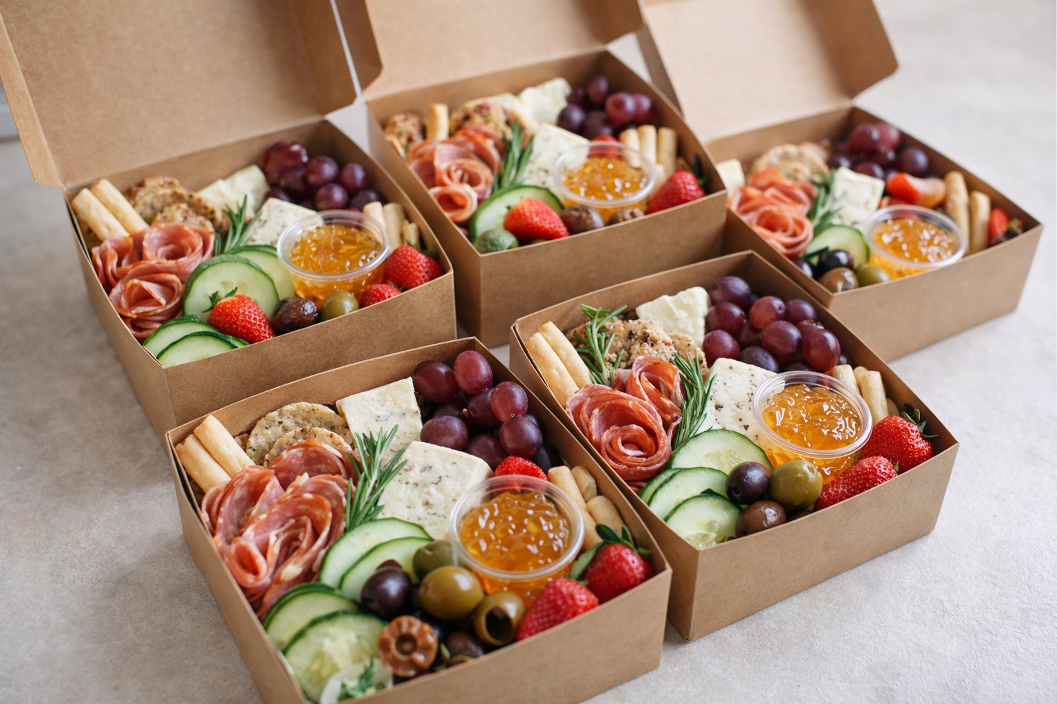 Four brown food takeaway boxes filled with assorted fruits, cheeses, crackers, cured meats, and small containers of jam, arranged on a beige surface.